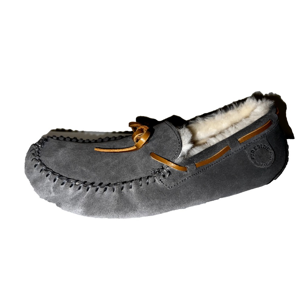 Fireside by Dearfoams Melbourne Mens Grey Suede Sheepskin Moccasin Slippers 8M